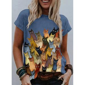 New Hot Sale Damen 3D-Druck Katze Zeichnung T-Shirts Rundhals ausschnitt Grundlagen Retro Reguläre Version Sommer Damen Kurzarm T-Shirt - Product Image 5