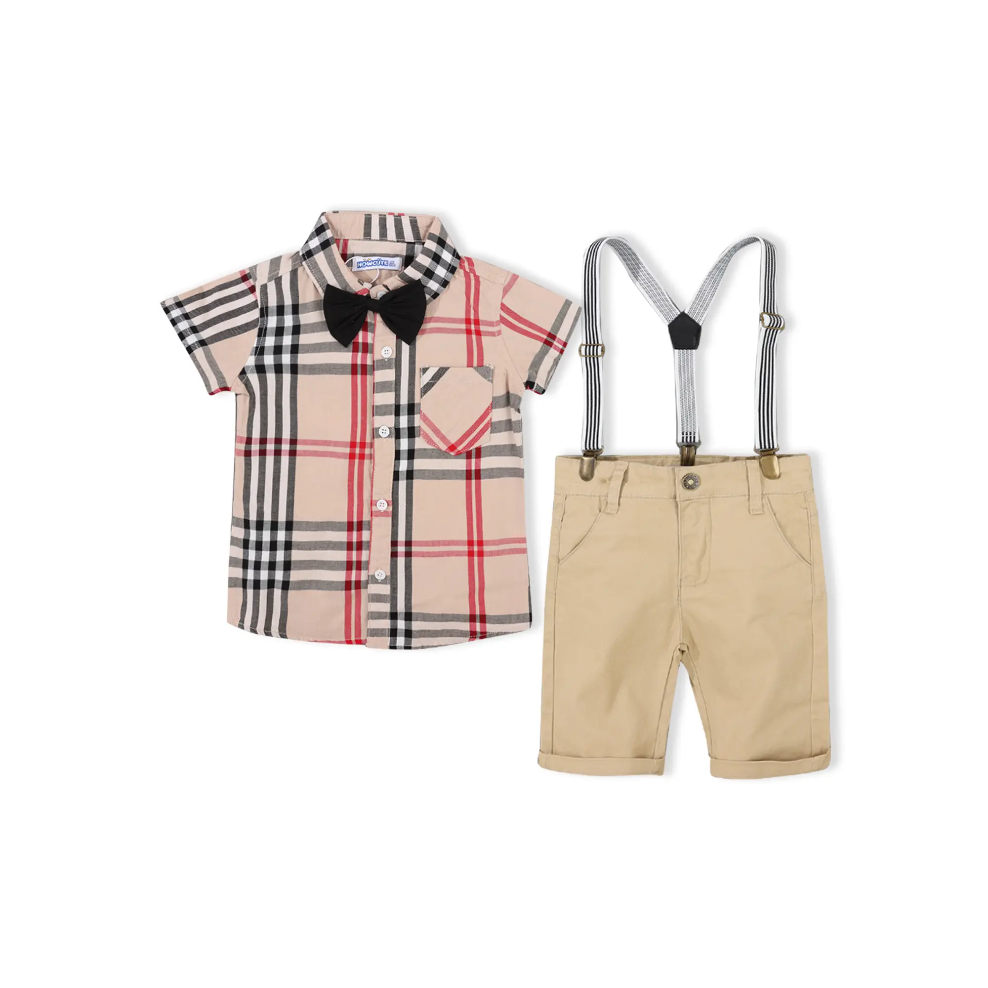 Conjunto de roupas infantis em duas peças, camisas xadrez e calças formais para crianças