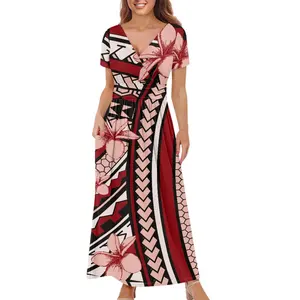 Polynesian Clothes 2024 Women's Spring Summer Boho Floral Print V-Neck Faux Wrap Maxi Dress for Wedding Guest, Graduation, Party