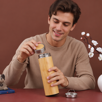 Termos Air Ramah Lingkungan dari Bambu Berinsulasi Dinding Ganda Stainless Steel Vakum untuk Hadiah Bisnis dengan Infuser Teh