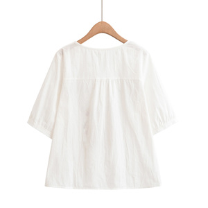 Blusa Blanca Floral para Mujer, Cuello en V, Manga Raglán, Estilo Bohemio, Transpirable, de Algodón, Estilo Coreano, para Primavera/Verano, Informal - Product Image 6
