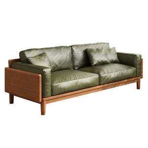 Nordic Solid Wood Straight Sofa Cherry Wood Color Genuine Leather Upholstered Living Room Furniture Japanese Style - Product Image 4