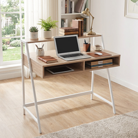 Bureau d'ordinateur moderne multi-niveaux en métal et bois avec étagère supérieure et rangement dissimulé pour salon