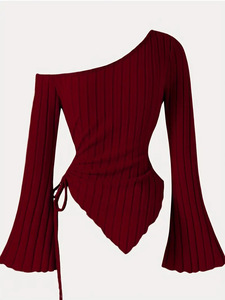 2026 Blouse Femme à Manches Longues Évasées et Ourlet Irrégulier, Tricotée Sexy avec Cordon de Serrage, Haut T-shirt - Product Image 6