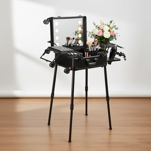 Professional Artist <b>Trolley</b> Makeup Mirror With Lighted Frame And Storage Trays <b>Foldable</b> Free Standing Metal Case - Product Image 2