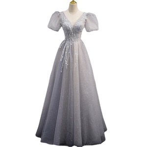 Grey Elegant Evening Dress V-Neck Empire Waist A-Line Long Formal Gown For Banquets Events Hosting - Product Image 5