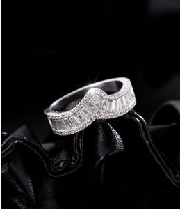 S925 Silver Women's Baguette <b>Diamond</b> Cocktail <b>Ring</b> Geometric Pave Setting Rhodium Plated Luxury Engagement <b>Ring</b> - Product Image 5