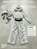 Logo Kustom Wanita Berbahan Rajut Katun 450g Anti-Pilling Bernapas dengan Trim Bulu dan Hoodie, 3 Garis, Celana Crop Kaki Lebar, Tracksuit 2-Potong ODM Sweat