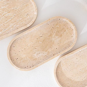 Plateau de <span class=keywords><strong>douche</strong></span> en marbre travertin beige doré italien naturel, joli plateau ovale en pierre pour la décoration du comptoir de salle de bain - Product Image 1