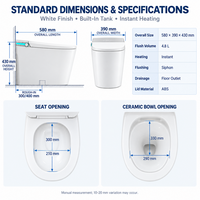 WC intelligent de petite taille 580 mm avec siège chauffant, lavage à l'eau chaude, télécommande et chasse d'eau par siphon