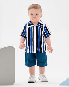 Vêtements d'été pour garçons <span class=keywords><strong>de</strong></span> haute qualité beau costume Style britannique nouvelle <span class=keywords><strong>chemise</strong></span> à manches courtes rayée marine pour enfants ensemble deux pièces - Product Image 3