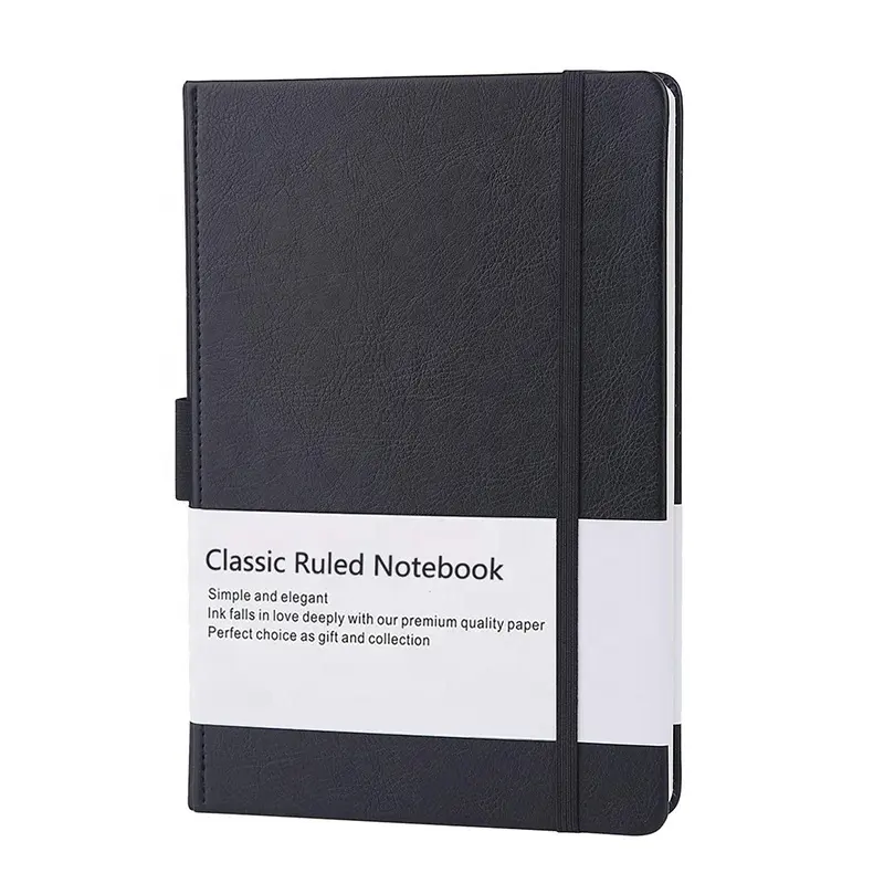 Caderno de cobertura dura clássico personalizado, grosso, preto, azul, couro falso, régua, nota para escrita, negócios, a5, diário com caneta, laço