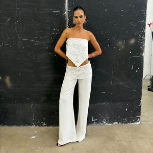 Women's Solid Color <b>Lace</b> Patchwork <b>Elastic</b> Waist Regular Fit Straight Leg Casual Knitted Comfort Summer Pants - Product Image 2