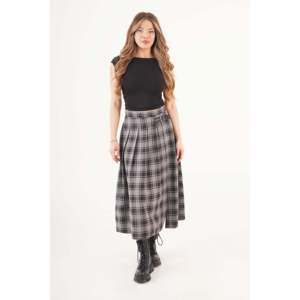 LUSTRIN Women's Gray Plaid Long <b>Skirt</b> with Elegant Belt Detail and Stylish Side Slit - Comfortable Cotton Blend Fabric for All - Product Image 3
