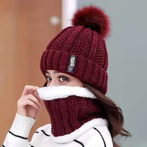 Wholesale Warm Winter Skullies Knitted <b>Hat</b> <b>Women</b> Brand High Quality Ball Ski Wool <b>Fur</b> Pompoms <b>Hats</b> Scarf - Product Image 2