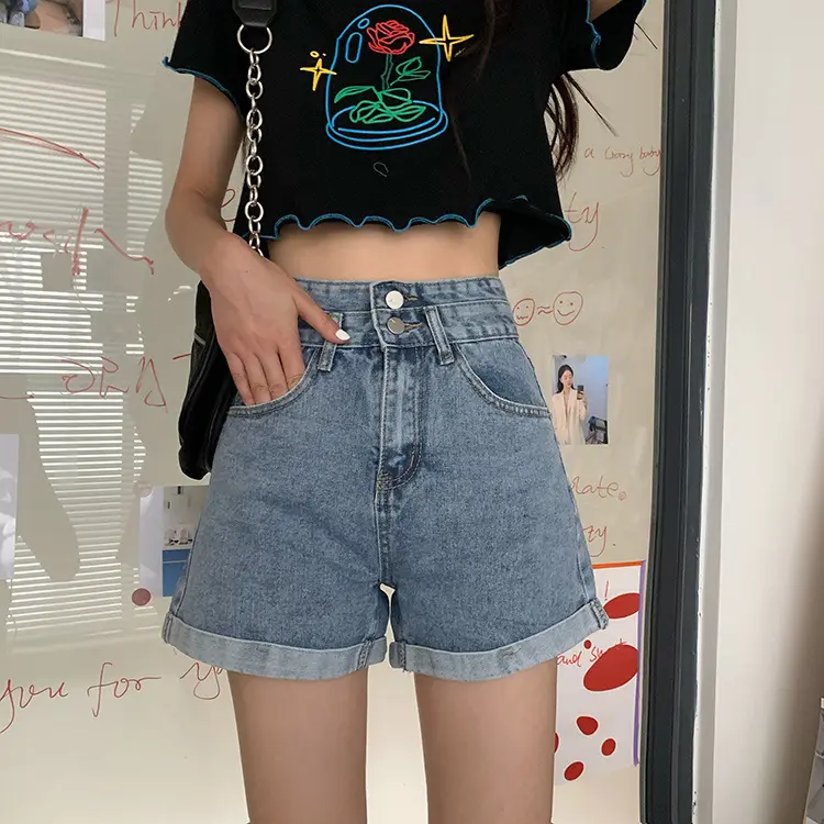 Large Size Wide Leg Slim Denim Shorts Female Spring And Summer Two Grain Buckle High Waist Slimming Wear Hot Pants Outside