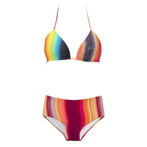 Set bikini taglie forti a righe arcobaleno con slip a vita alta e top triangolare SQ66630 - Product Image 2