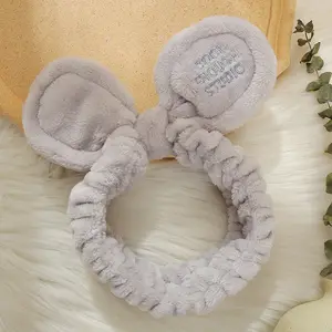 BELLEWORLD 14colors Custom Embroidery Logo Facial Skincare Hairband Flannel Bunny Ears Bow Spa Headband For Women Washing Face