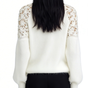 เสื้อสเวตเตอร์ถักขนฟูสำหรับผู้หญิง - เสื้อคอวีแขนยาวพร้อมแผงไหล่ถักลูกไม้แฟชั่น - Product Image 3