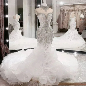LY-WD0745 Abito da Sposa di Lusso Bianco Avorio Taglie Forti Stile Sirena con Cristalli Brillanti e Collo Alto <span class=keywords><strong>Corto</strong></span> - Product Image 1