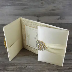 2024 Custom Luxury Boxed Silk Folio Wedding Invitation Card with Lace Ribbon Buckle