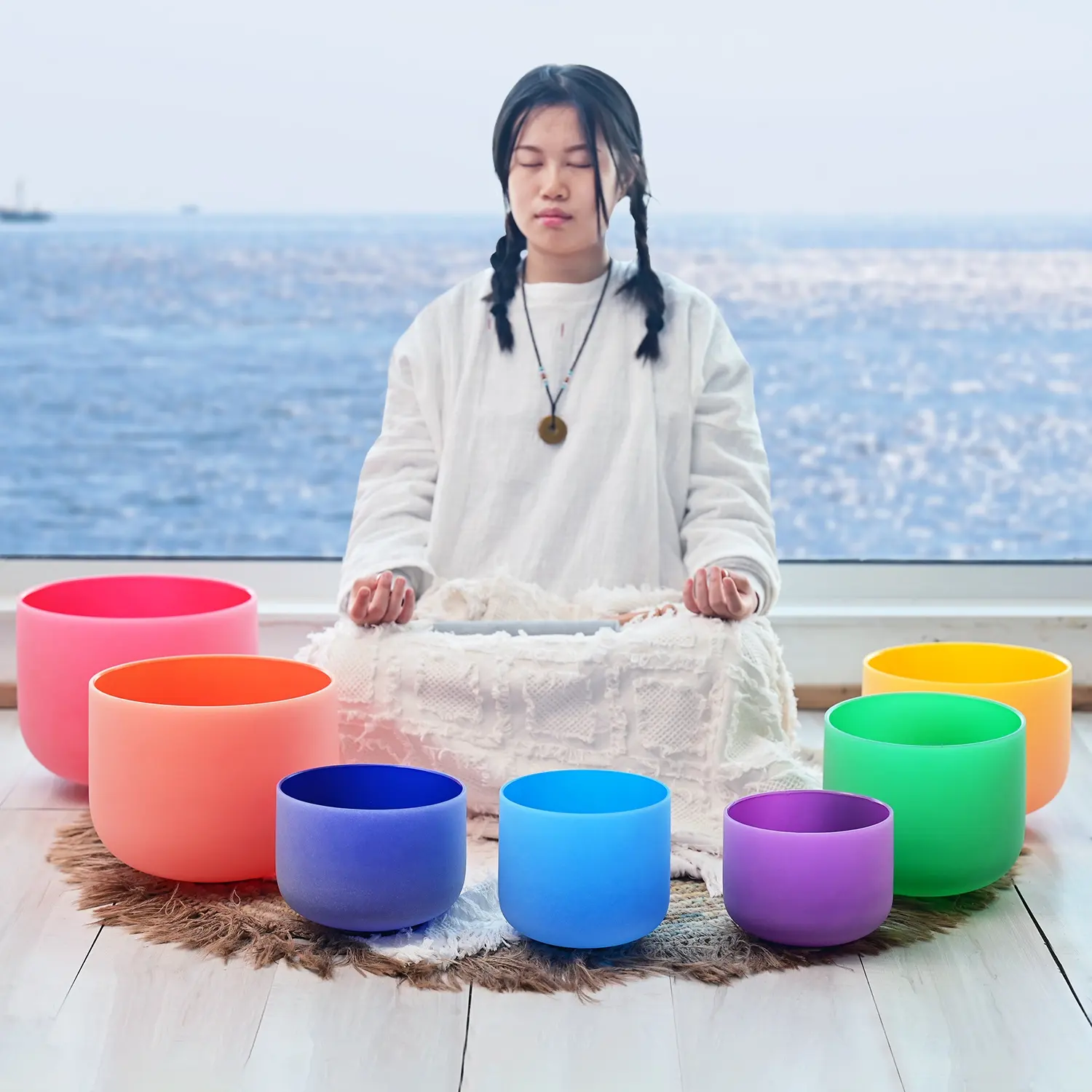 SUCCESS Chinese Supplier 7 Chakra Colorful Crystal Singing Bowls 432 Hz Quartz Coloured Sound Bowls Set Cuenco De Cuarzo