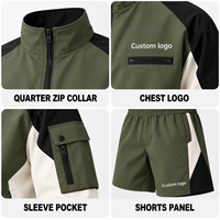 Ensemble d'entraînement personnalisé color block avec veste tissée à quart de zip et short cargo pour homme, logo imprimé, idéal pour les tenues décontractées du week-end