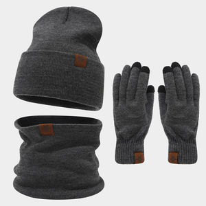 Ensemble 3 pièces unisexe avec écusson en cuir flocon de neige-Chapeau, écharpe et <span class=keywords><strong>gants</strong></span>, chapeau en tricot épais et chaud pour femmes, ensemble chaud pour hommes - Product Image 2