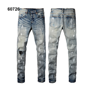 Stock di alta qualità da uomo elasticizzato Slim Fit strappati in Denim traspirante alla moda con Applique stampa strappata di mezza vita - Product Image 4