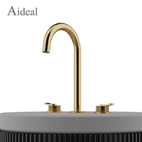 Robinet de lavabo de salle de bain moderne en or brossé, trois pièces, avec poignée moletée, pour eau chaude et froide, à montage large