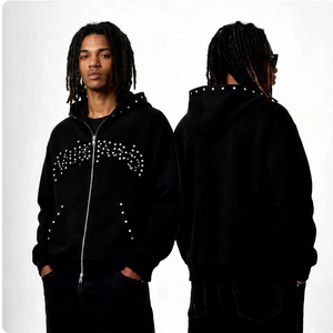 Custom Y2k Rhinestone Zip Up Hoodie Men Streetwear Heavyweight 300-460gsm Oversized Sweatshirt Full Zip Hoodies With Rhinestones - Product Image 1