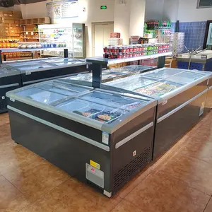 Combinar exibição supermercado ilha freezer com top freezer porta de vidro deslizante