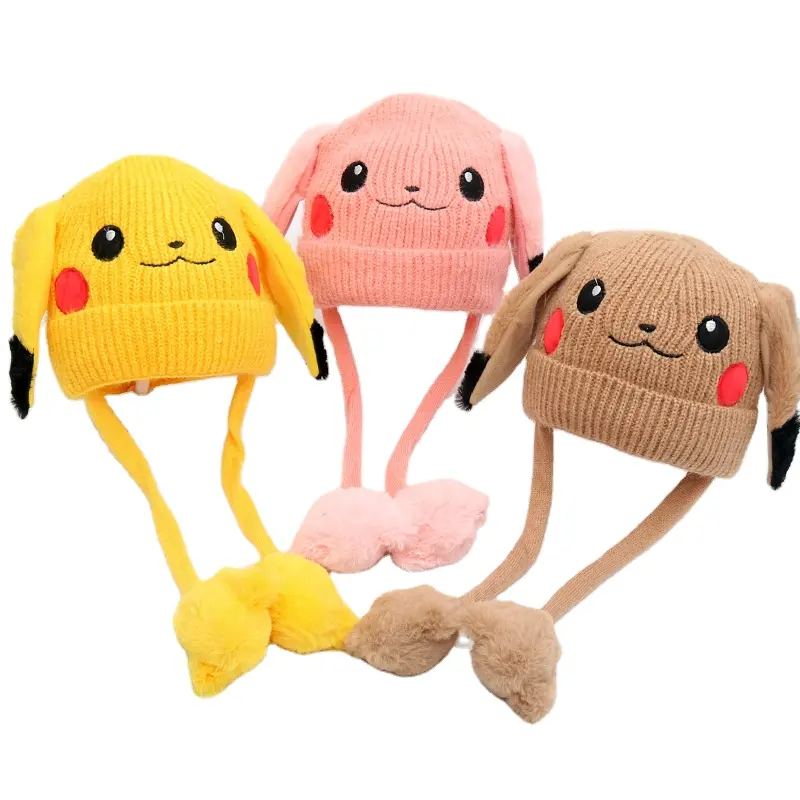 Gorro de invierno con orejas móviles de conejo, gorro de punto cálido suave y encantador, gorro tejido a mano de animal, gorro de Pikachu para niños, gorro de Pikachu de animal de punto