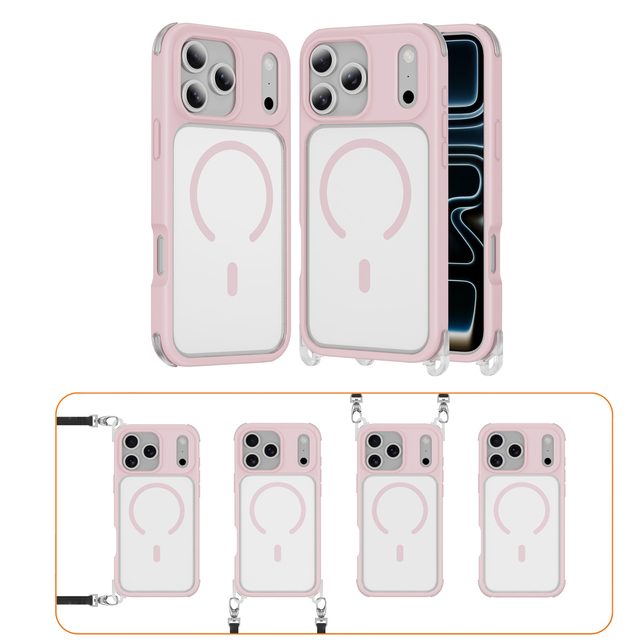Removable Lanyard Hole Magnetic Phone Cover with Crossbody Hand Strap Anti Shock Corners Mobile Case for iPhone 17 16 15 Pro Max