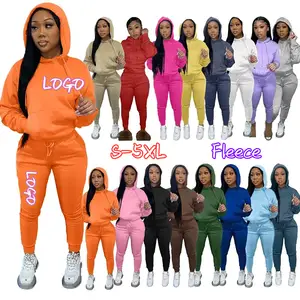 Custom Logo Plus Size Fall 2 Pc Hoodie Sets Vrouw Kleding Winter 2 Stuk Set Voor Vrouwen Solide Crop Top Tweedelige Zweetbroek Set