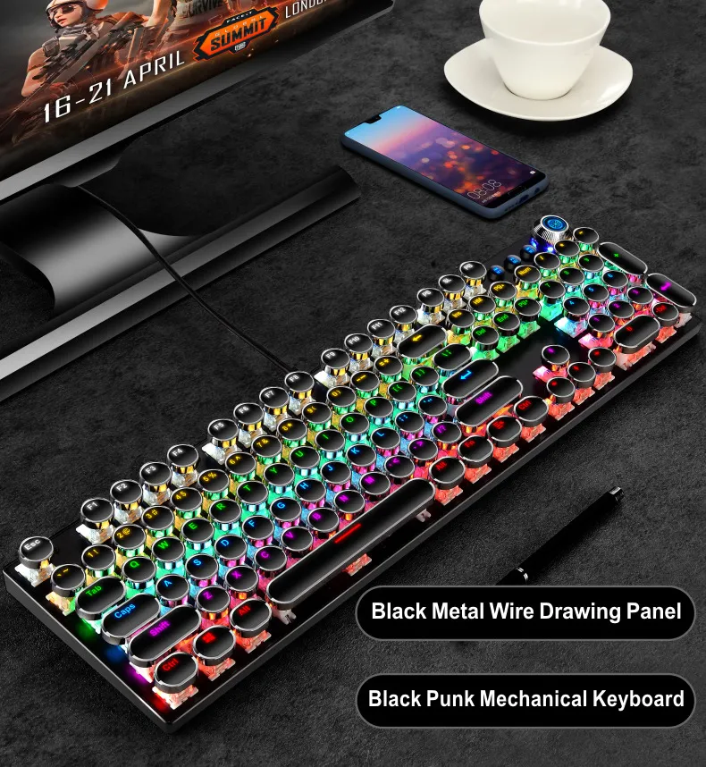 Custom OEM High Quality Waterproof Pink Rbg PC Computer Usb Wired Retro Vintage Mechanical Led Rgb Gaming Keyboard for Tablet