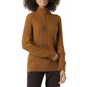 100% laine ODM femmes Premium décontracté couleur unie à manches longues mince tricot fourrure manchette col roulé <span class=keywords><strong>pull</strong></span> doux côtes bas hiver - Product Image 2