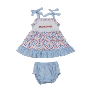 SR3648 RTS Sin Pedido Mínimo Conjunto de Ropa Casual para Niña Pequeña Estilo Dulce Boutique con Bordado American Girl Sin Mangas y Pantalones Cortos - Product Image 1