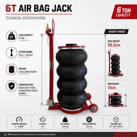 Gato neumático industrial de 6 toneladas con triple bolsa y mango plegable, extensión de 100 mm, elevación máxima de 58,3 cm para mantenimiento de camiones y autobuses en garajes