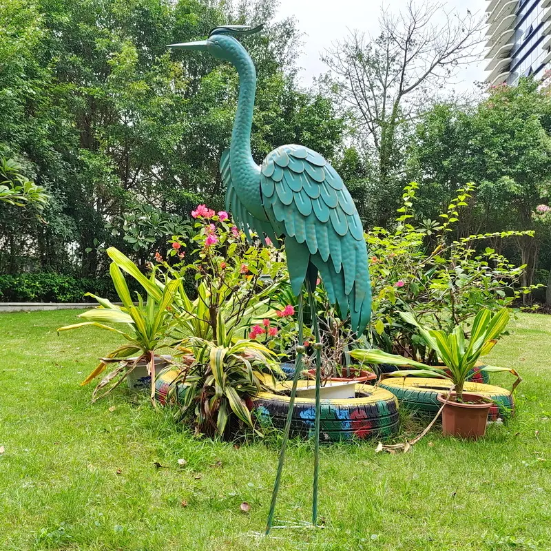 Decoración de césped al aire libre, grúa de hierro, pájaro, jardín, figuras de animales de Metal