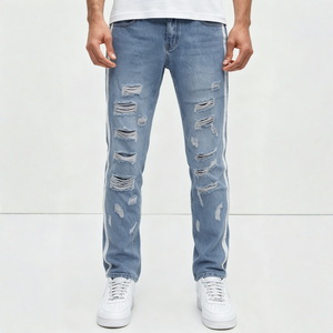 <b>Mens</b> Slim Fit Light Blue Wash Distressed <b>Ripped</b> <b>Jeans</b> With Side Stripes Streetwear Casual Denim <b>Jeans</b> - Product Image 6