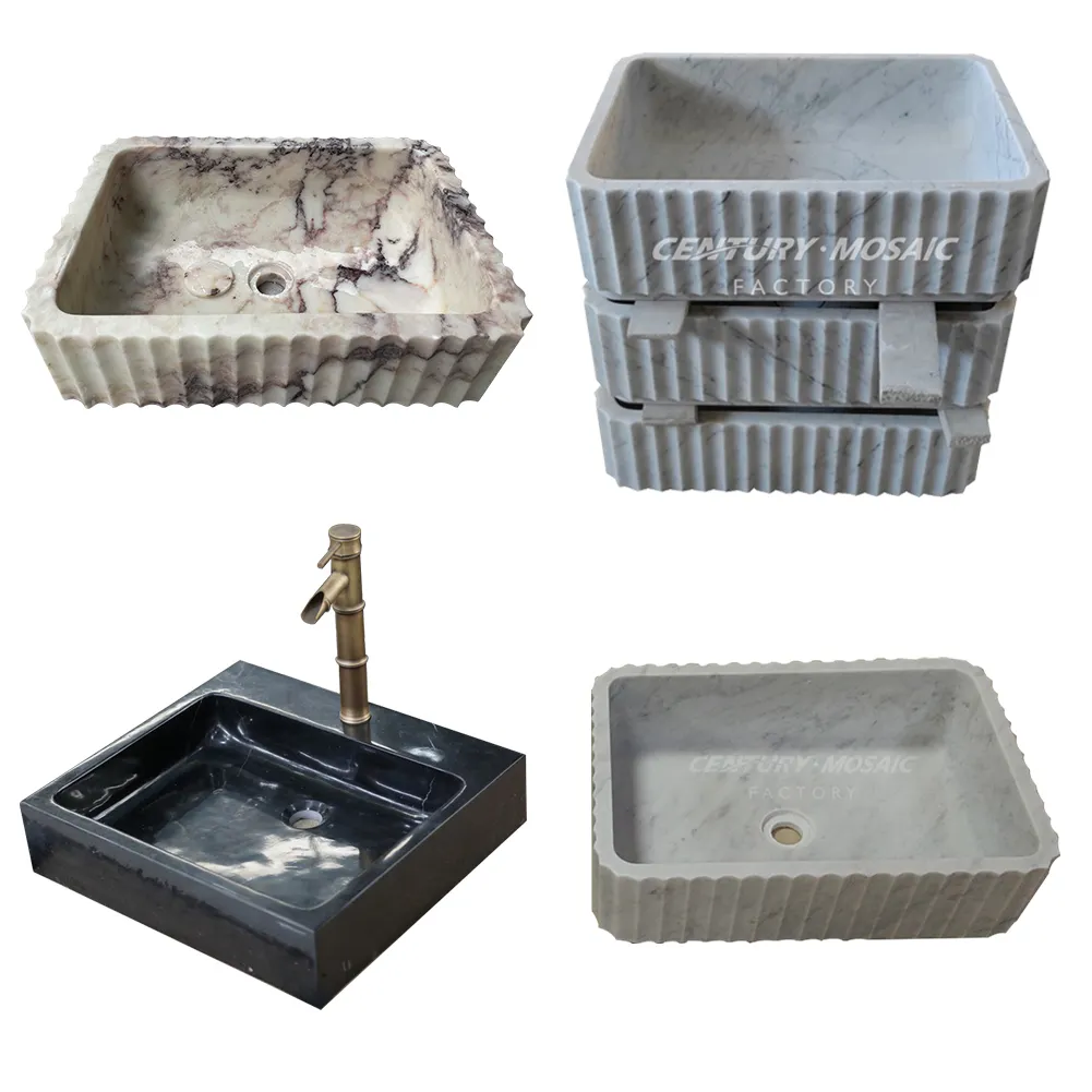 Centurymosaic Wholesale Natural Stone Freestanding Marble Black White Wash Hand Basin Sink Customized