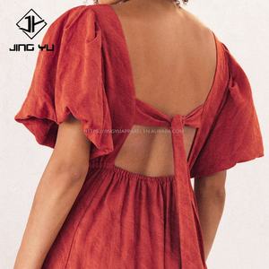 Vestido Personalizado de Manga Corta con Cuello Redondo, Vestido de Lino Blanco de Alta Calidad, Vestidos de Lino 100% Orgánico, Vestidos de Lino y Algodón 2024 - Product Image 3