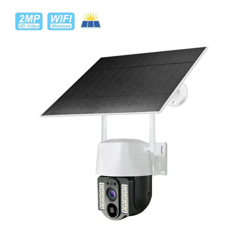 Outdoor Home 360 PTZ 2MP pannello solare alimentato CCTV IP Wireless Security Alarm WIFI telecamera solare di sorveglianza