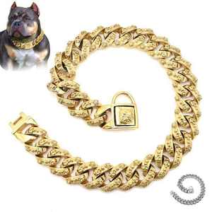 18 Karat Vergoldung Edelstahl Schädel <span class=keywords><strong>Punk</strong></span> Gothic Pet Halskette Luxus Solid Pattern 32 MM Cuban Hunde halsband Langlebige Eigenschaften - Product Image 5