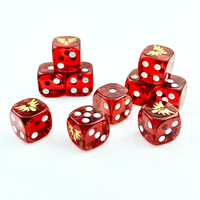 Dés en résine de polypropylène acrylique rouge à coins arrondis de 16 mm, logo doré personnalisé, cube à six faces, vente en gros pour jeux de société en vrac