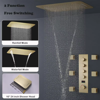Système de douche de luxe pour salle de bain 16x24 pouces, robinet mural en laiton brossé or, ensemble de robinetterie avec jet céramique unique, fonction pause et pluie douce