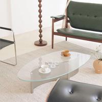 Bauhaus Moderner Minimalistischer Beweglicher Ovaler Glas-Couchtisch mit Edelstahlrahmen für Wohnzimmer und Zuhause