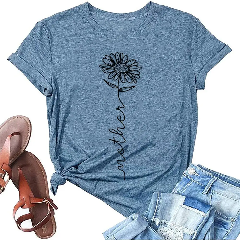 Impressão gráfica e Cor Personalizado Logo T shirts Atacado Mulheres Verão Mama Sunflower Flower Casual Cute T Shirts