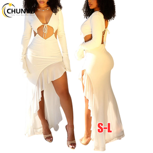 Hot 2024 Women's Fall Casual <strong>Dresses</strong> Clothing Sexy Ruffle Hollow Out Lace up Long Sleeve Bodycon <strong>Dress</strong> Fashion <strong>Maxi</strong> <strong>Dress</strong> Lady - Product Image 1
